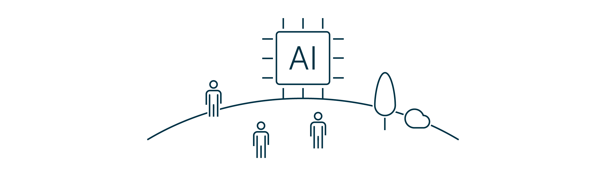 A symbolic image of people approaching an oversized AI computer chip standing on a hill